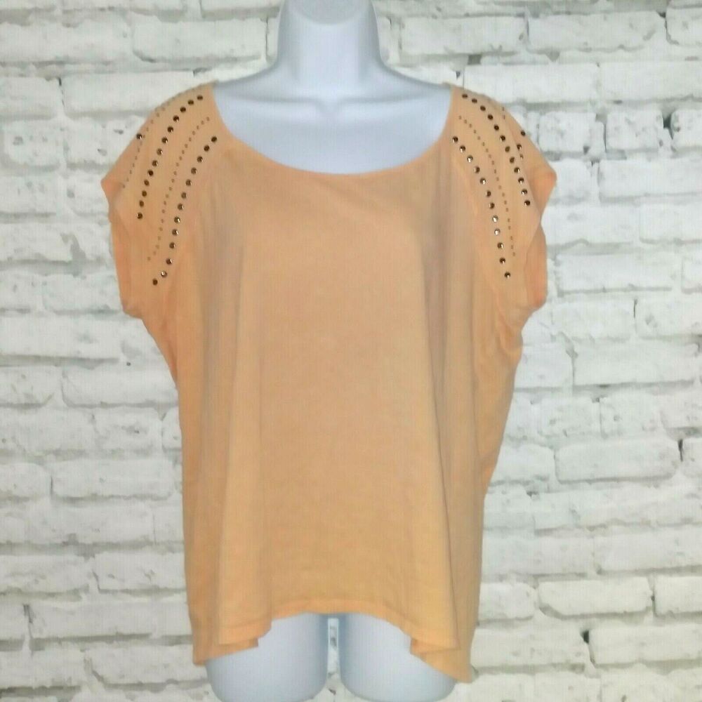 Route 66 Top Womens XL Orange Studded Tee Short Sleeve Cap Sleeve Western Biker
